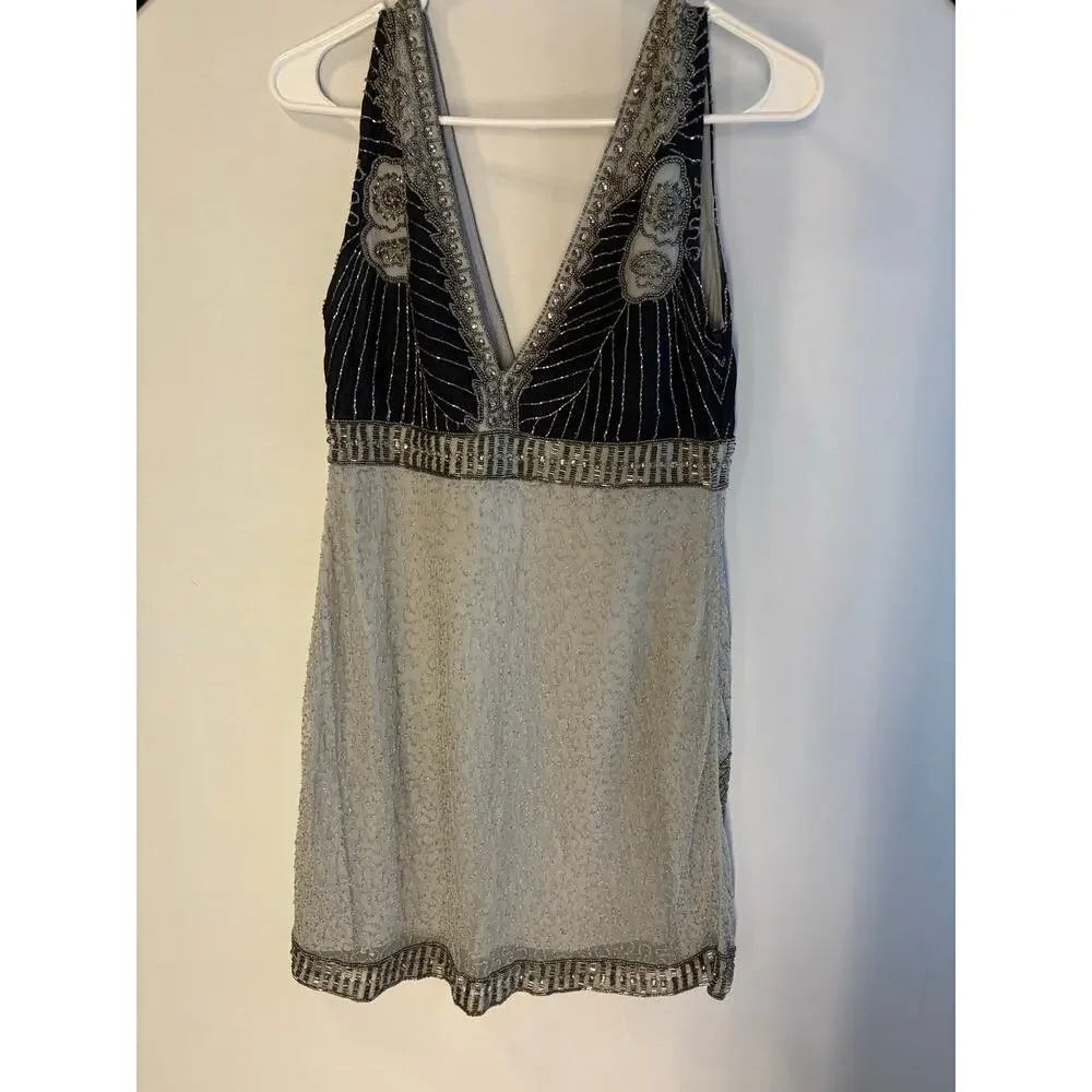 Free People Silver and Navy Beaded Mini Dress